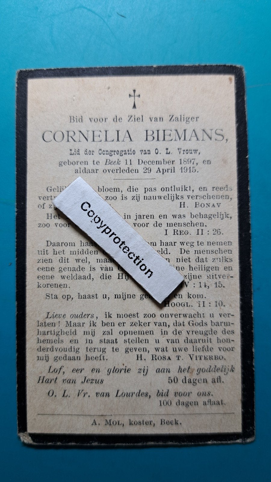Cornelia Biemans,  Beek Princenhage 1897 - 1915, Verzenden, Bidprentje