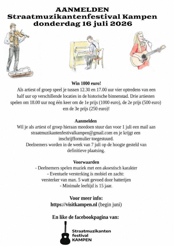 Muzikanten gezocht voor Straatmuzikantenfestival Kampen, Ophalen, Nieuw