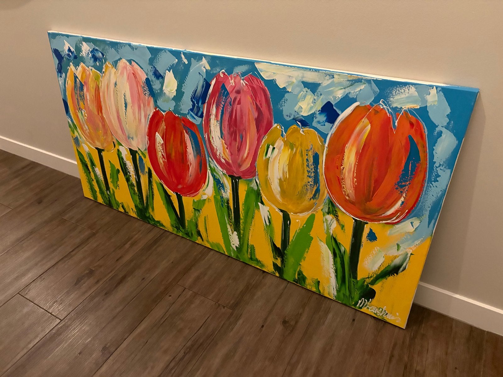 Corrie Leushuis - Vrolijk tulpen schilderij (70x140 cm), Antiek en Kunst, Acrylverf, Doek, Expressionistisch, Gesigneerd