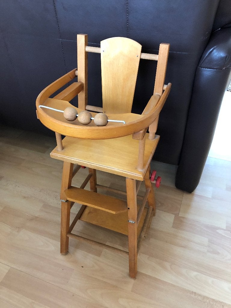 Antieke houten brocante poppenstoel verstelbaar met telraam, Ophalen of Verzenden