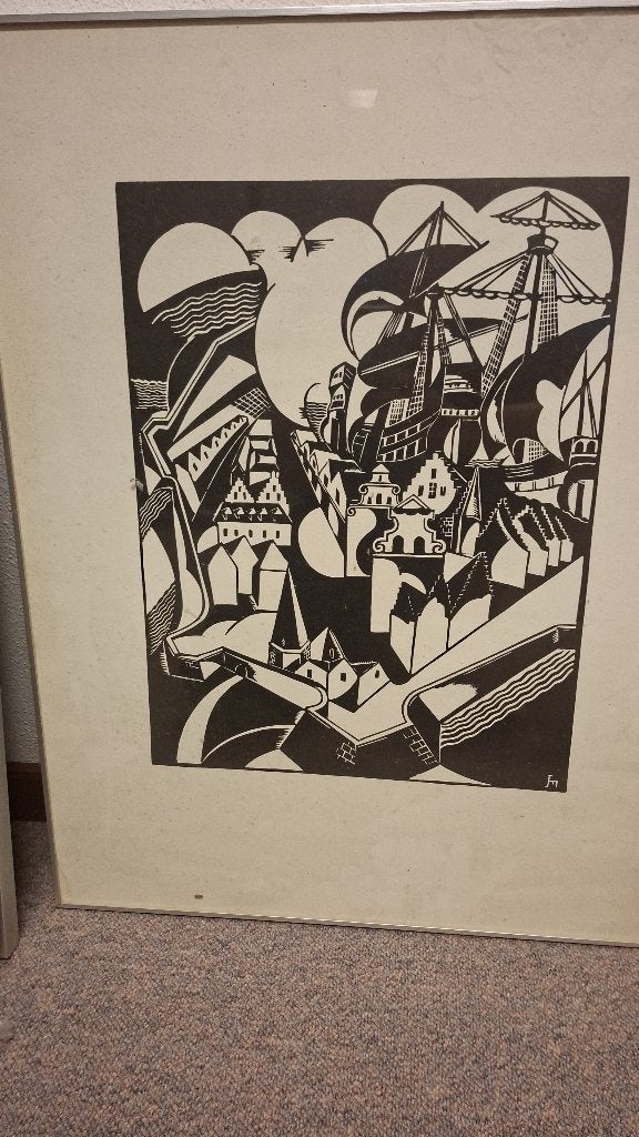 Schilderij havenzicht van Joris Minne, Ophalen, Stadsgezicht, 47 cm, 60 cm
