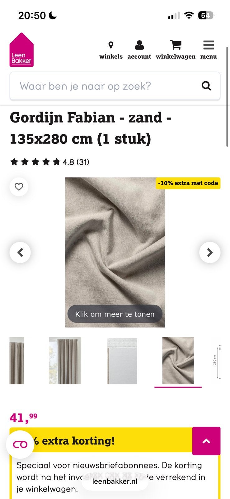 Gordijn Fabian Leenbakker kant&klaar, Ophalen, 280 cm, Gordijn, 135 cm