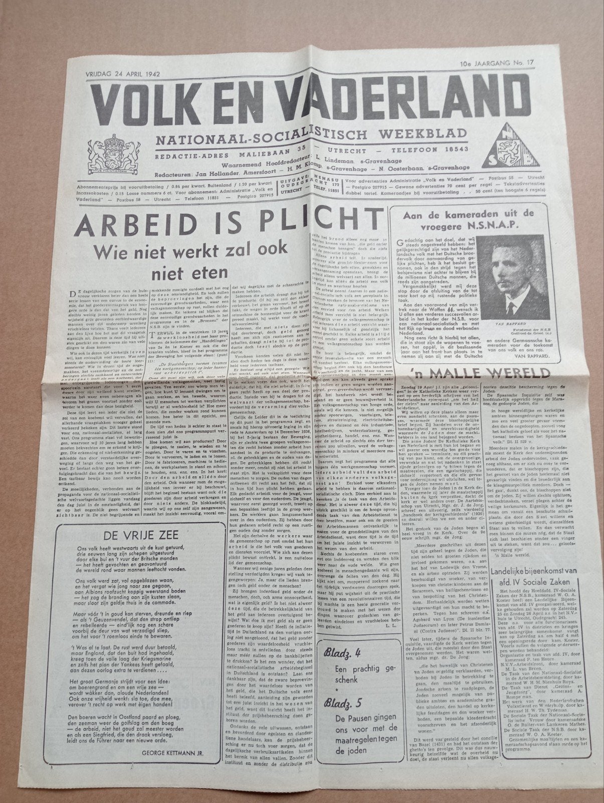 Krant Volk en Vaderland 24 april 1942, Ophalen of Verzenden, Overige soorten, Nederland, Boek of Tijdschrift
