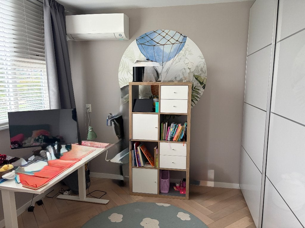 IKEA KALLAX Open kast, grijs/houteffect, 77x147 cm, Ophalen, Gebruikt, 100 tot 150 cm, Met lade(s)