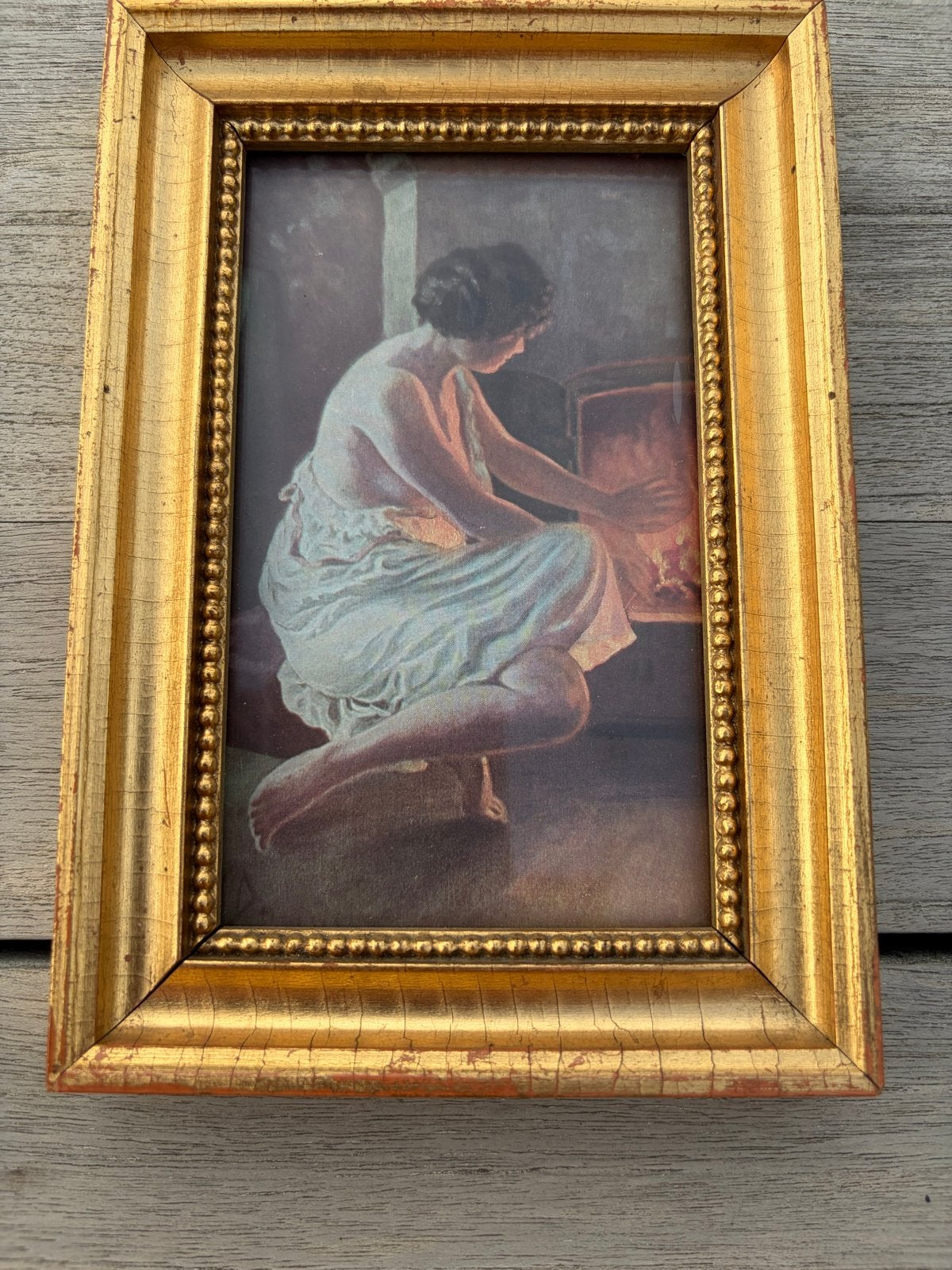 Romantisch schilderij in gouden lijstje, Antiek en Kunst, Kunst | Schilderijen | Klassiek, Portret of Personen, Ophalen of Verzenden