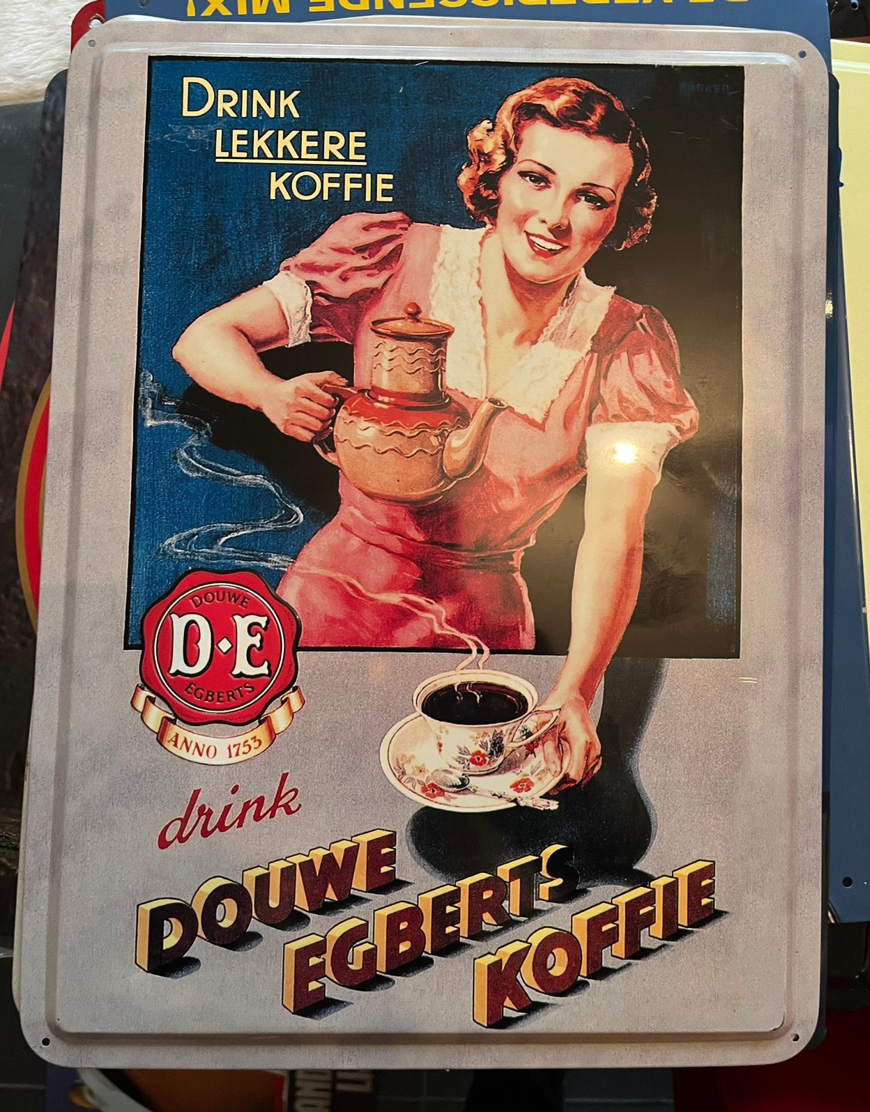 Vintage Douwe Egberts Koffie Bord Blik, Ophalen of Verzenden, Gebruikt, Reclamebord