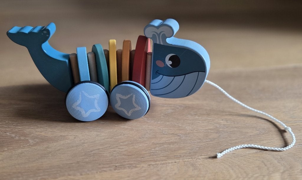 Houten trekdier walvis met regenboog, Ophalen of Verzenden, Gebruikt, Duw- of Trekspeelgoed