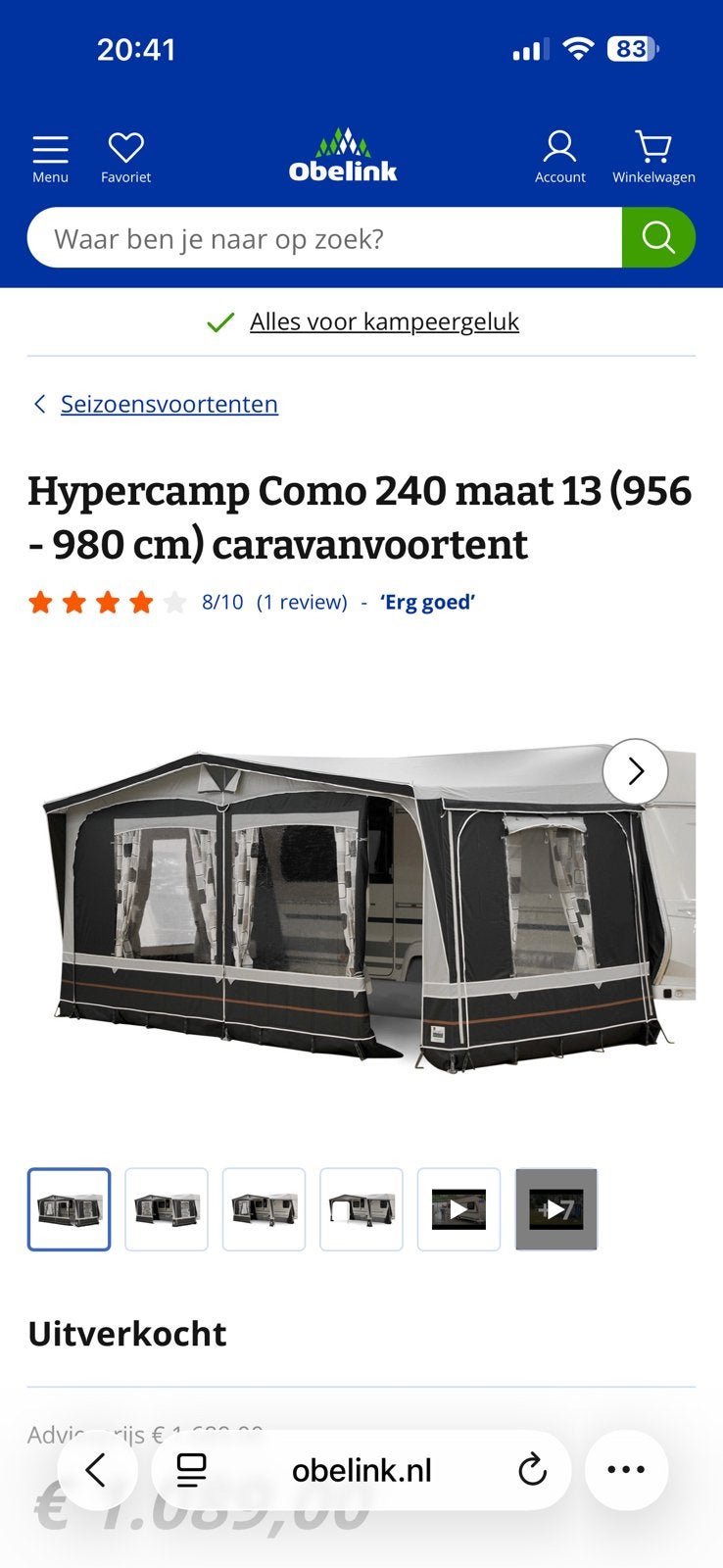 Voortent Hyperkamp Como 240 maat 13 incl.alum frame, Caravans en Kamperen, Voortenten en Luifels, Ophalen, Zo goed als nieuw