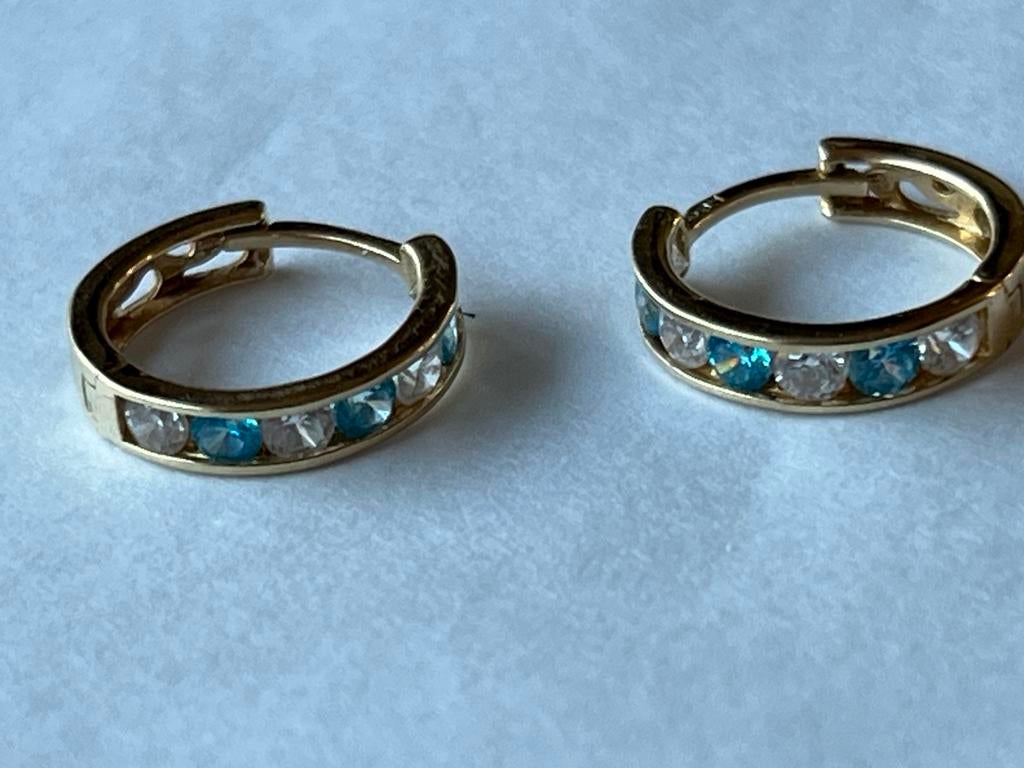 Gouden Oorbellen met Aquamarijn en Saffier - 14 CT, Sieraden, Tassen en Uiterlijk, Hangers, Zo goed als nieuw, Met edelsteen, Goud