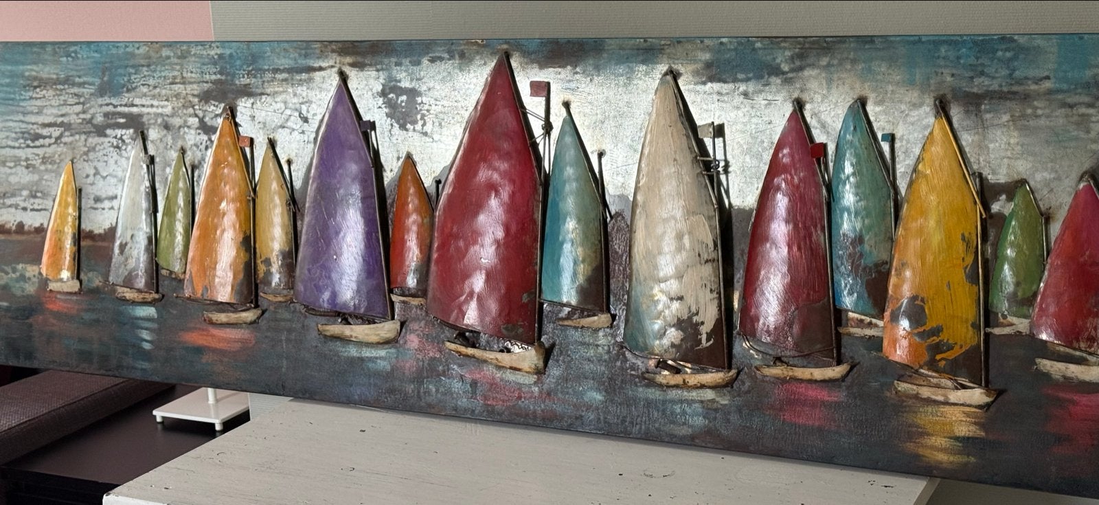 Schilderij met Zeilboten - Maritiem Kunstwerk 180x50cm, Ophalen, Maritiem / water, Handgeschilderd, Gemengde techniek