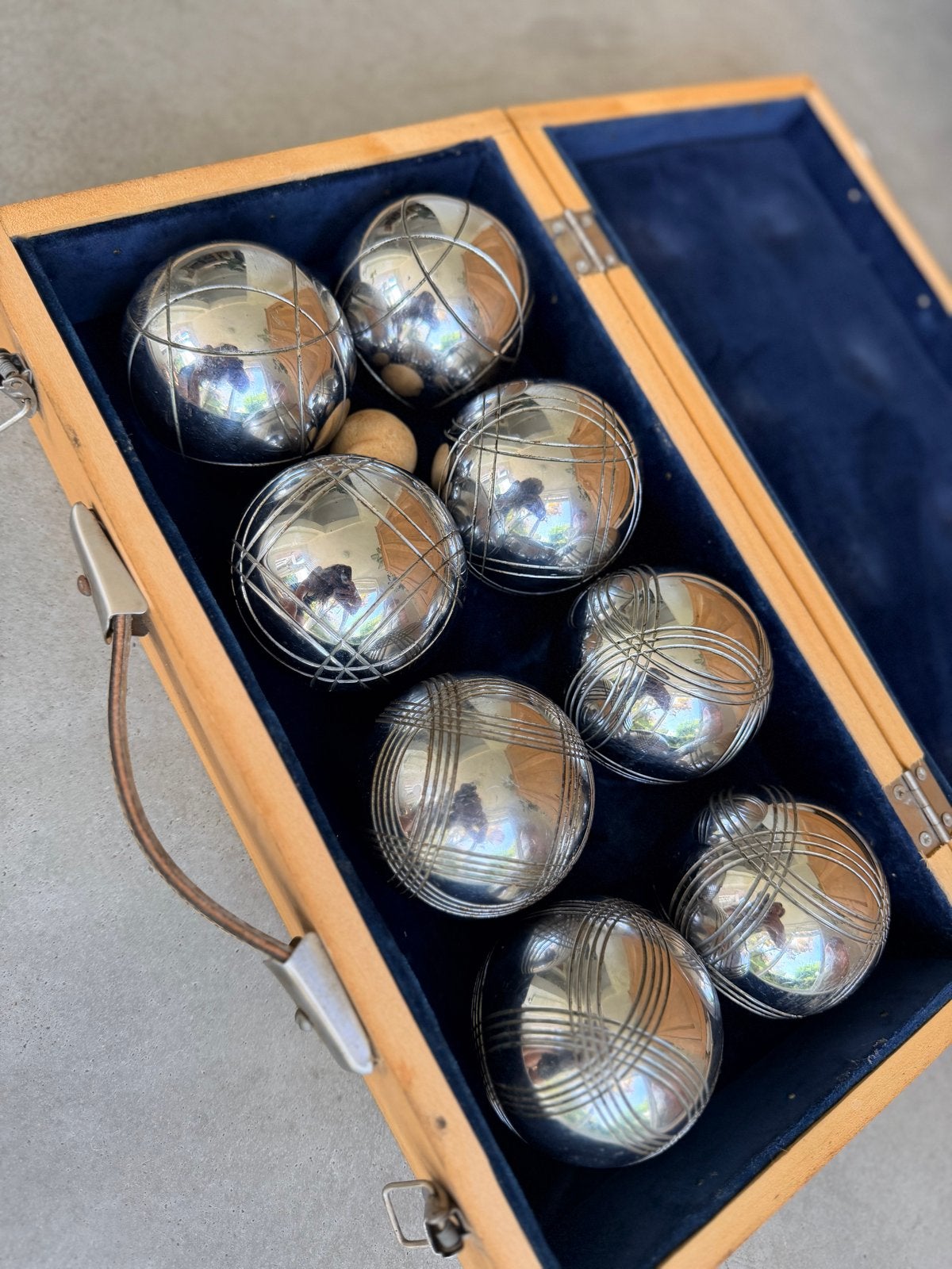 Jeu de Boules set in houten kist met fluwelen binnenkant, Ophalen of Verzenden, Gebruikt