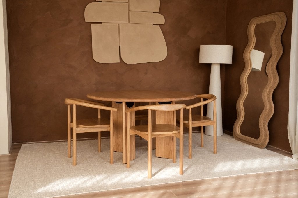 Japandi eettafel + 4 stoelen | Naturel | Showmodel, Ophalen, Gebruikt, Japandi, Scandinavisch, Eikenhout, Vier personen