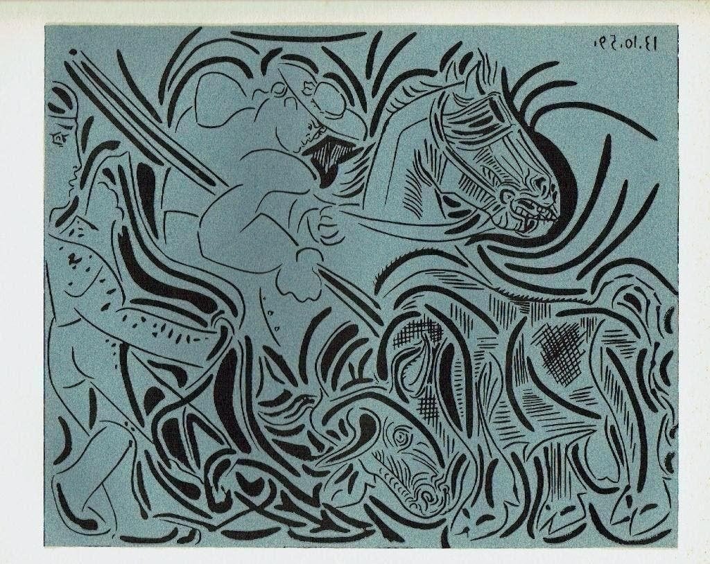 Picasso Picador Goading Bull (white) Linocut, Antiek en Kunst, Verzenden, Houtsnede