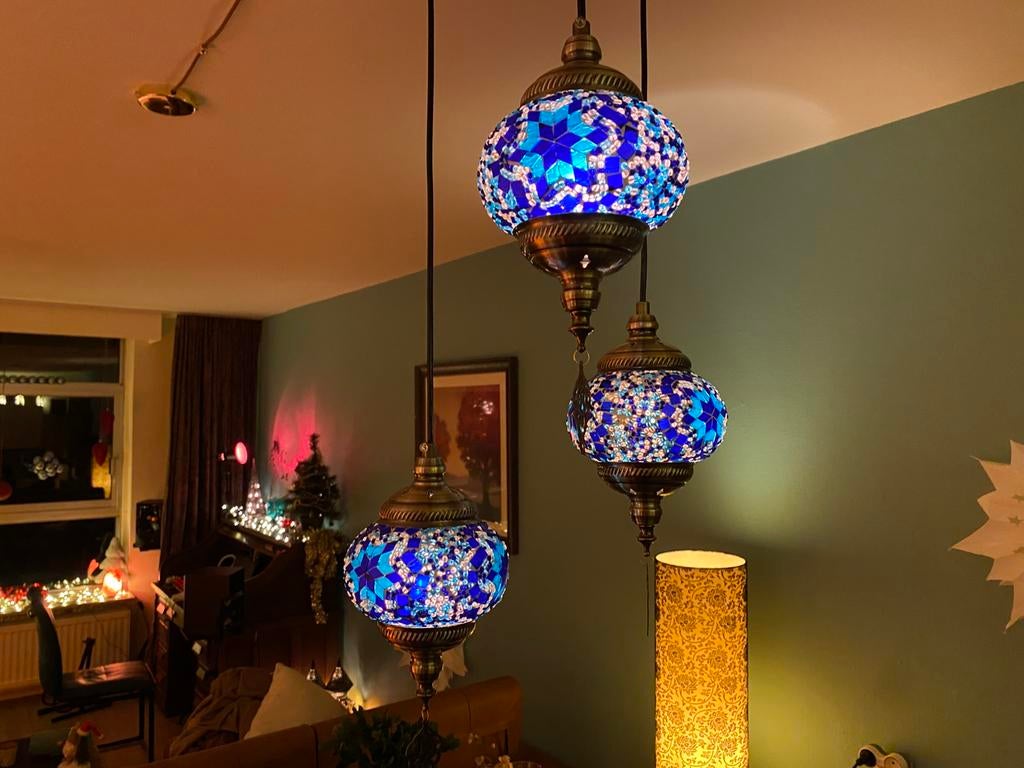 3 Oosterse mozaïek hanglampen met 3-lichts plafondkap, Huis en Inrichting, Lampen | Hanglampen, Ophalen of Verzenden, Zo goed als nieuw