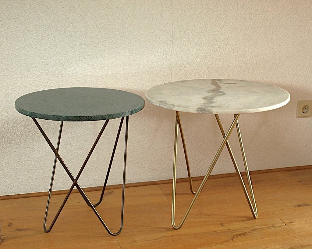 2 design Salontafeltjes met echt marmer, Ophalen, 100 tot 150 cm, 50 tot 100 cm, Zo goed als nieuw