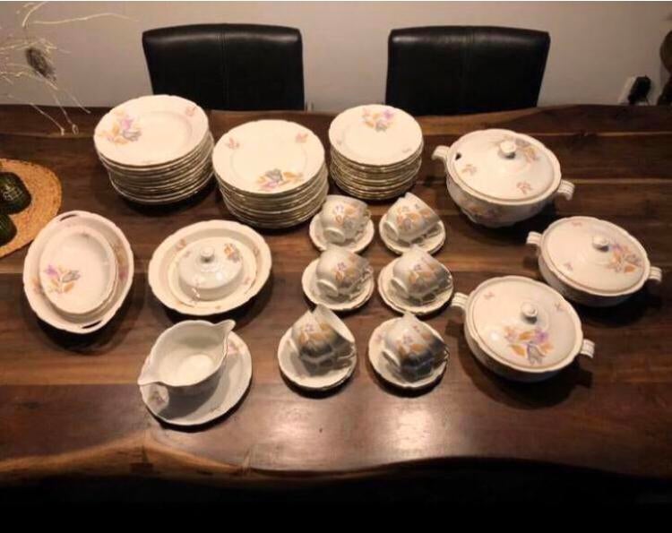 💝 Vintage EPIAG 57-delig servies BLOEMEN grijs roze goud, Ophalen of Verzenden, Zo goed als nieuw, Overige stijlen, Porselein