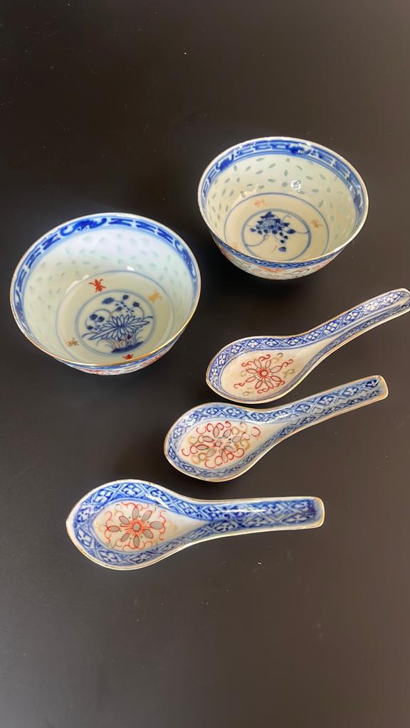 Set van 2 Chinese rijstkommen en 3 lepels, Ophalen, Gebruikt, Overige typen, Overige stijlen