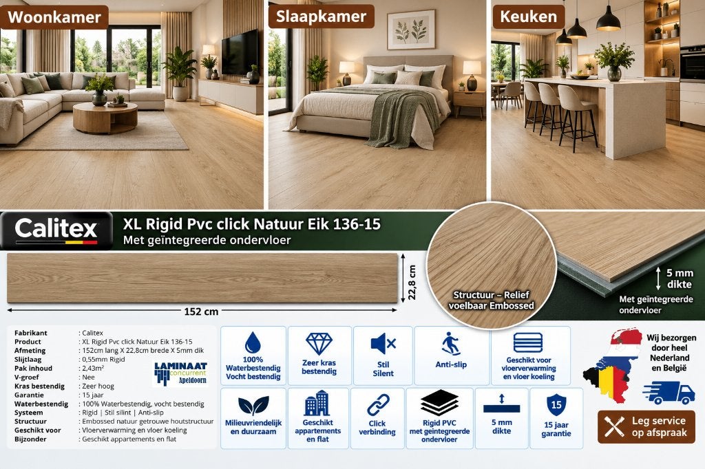 XL Pvc click Natuur eik met integreerde ondervloer, 75 m² of meer, Beige, Nieuw, Ophalen of Verzenden