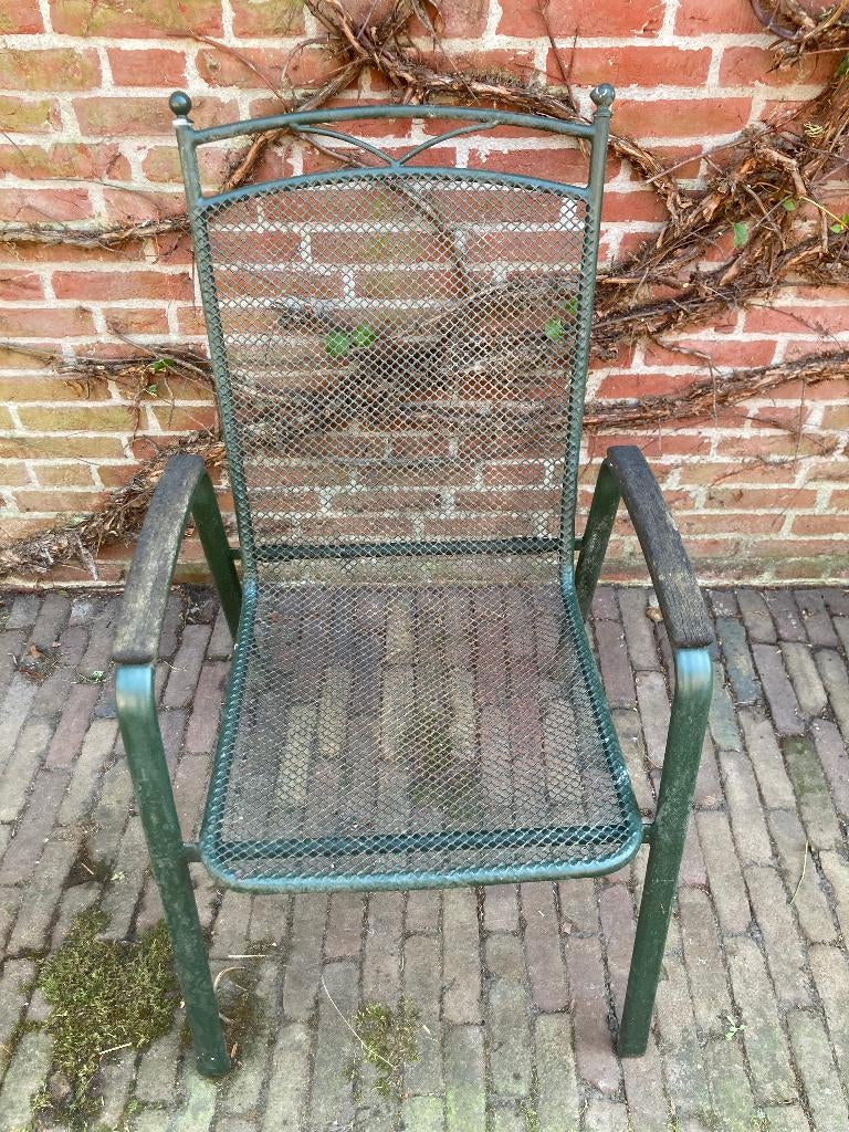 cottage metaal gerasterd groene tuinstoel raster ruitvormig, Ophalen of Verzenden, Gebruikt, Metaal, Stapelbaar