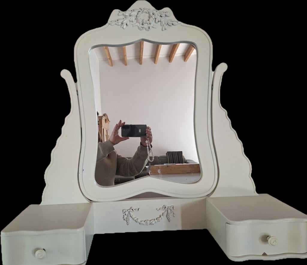 Vintage kaptafel met spiegel en lades - Crème wit, Gebruikt, 100 tot 150 cm, Vintage, Klassiek, Romantisch, Hout