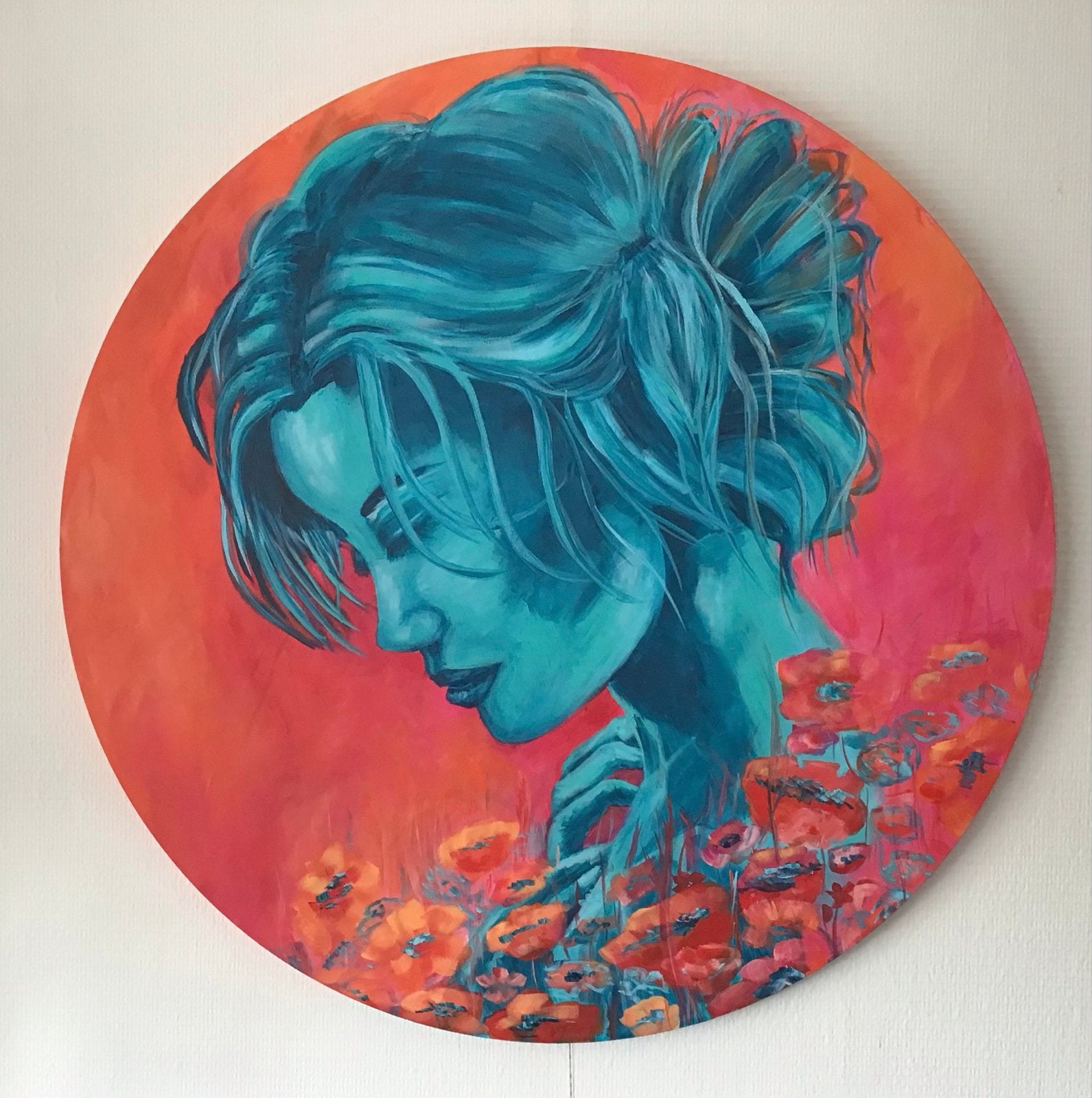 Rond portret, handgeschilderd acrylverf, 80 cm, Antiek en Kunst, Acrylverf, Handgeschilderd, Ophalen of Verzenden, Overige materialen