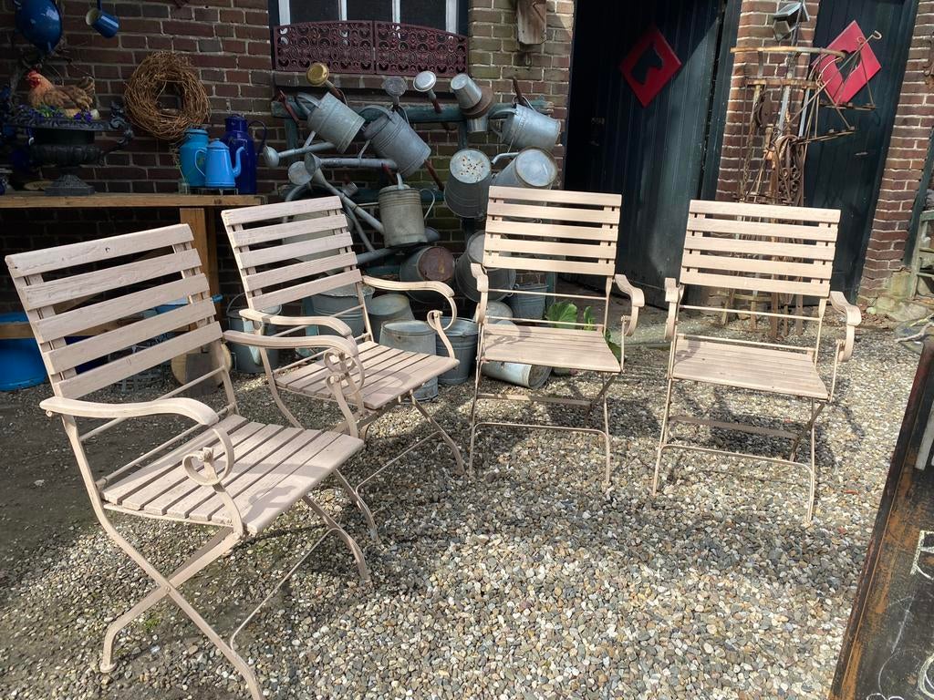 4 Robuuste Engelse ijzeren tuinstoelen - Taupe (roze), Ophalen, Gebruikt, Nvt, Metaal