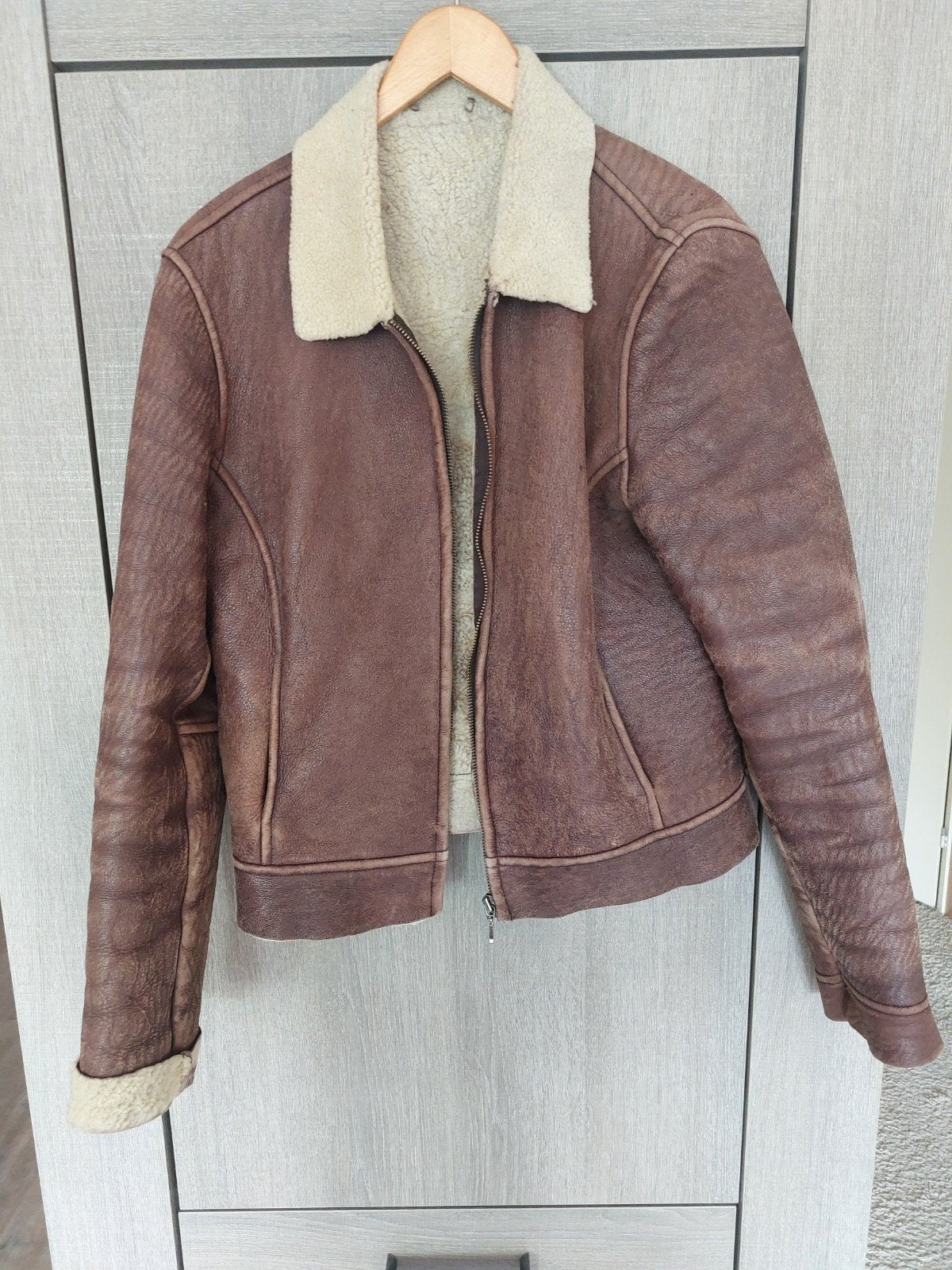 Vintage lamsleren jas met teddy voering, Maat 38/40 (M), Bruin, Ophalen of Verzenden, Onbekend