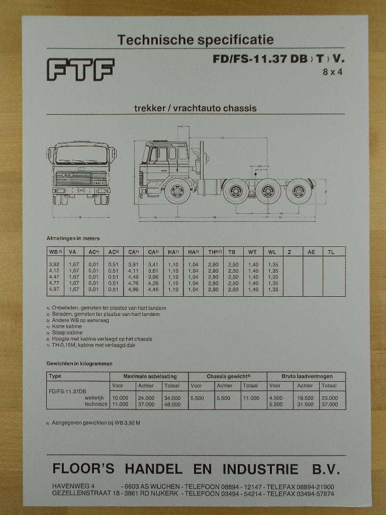 FTF 8x4 ca 1990 Technische Specificatie Brochure, FTF, Ophalen of Verzenden, Zo goed als nieuw, Overige merken