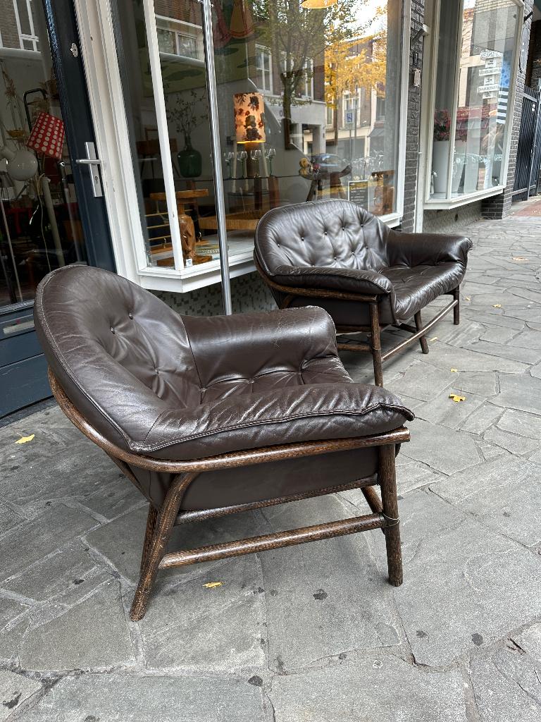 Vintage design, midcentury bankstel, bamboe en leer, Ophalen, Gebruikt, -, -