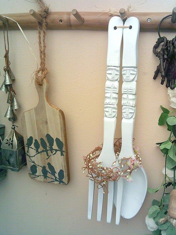 Vintage extra grote wit houten vork en lepel ca.55cm, Ophalen of Verzenden