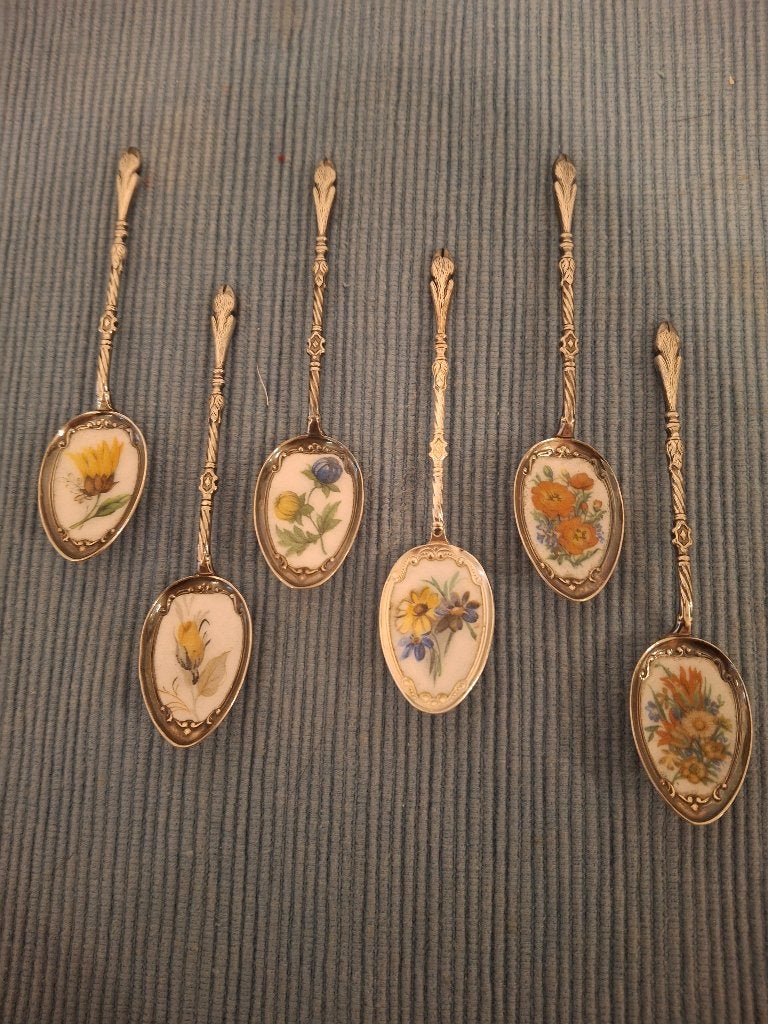 Royal Albert - 6 verzilverde lepeltjes met emaille ingelegd, Ophalen of Verzenden