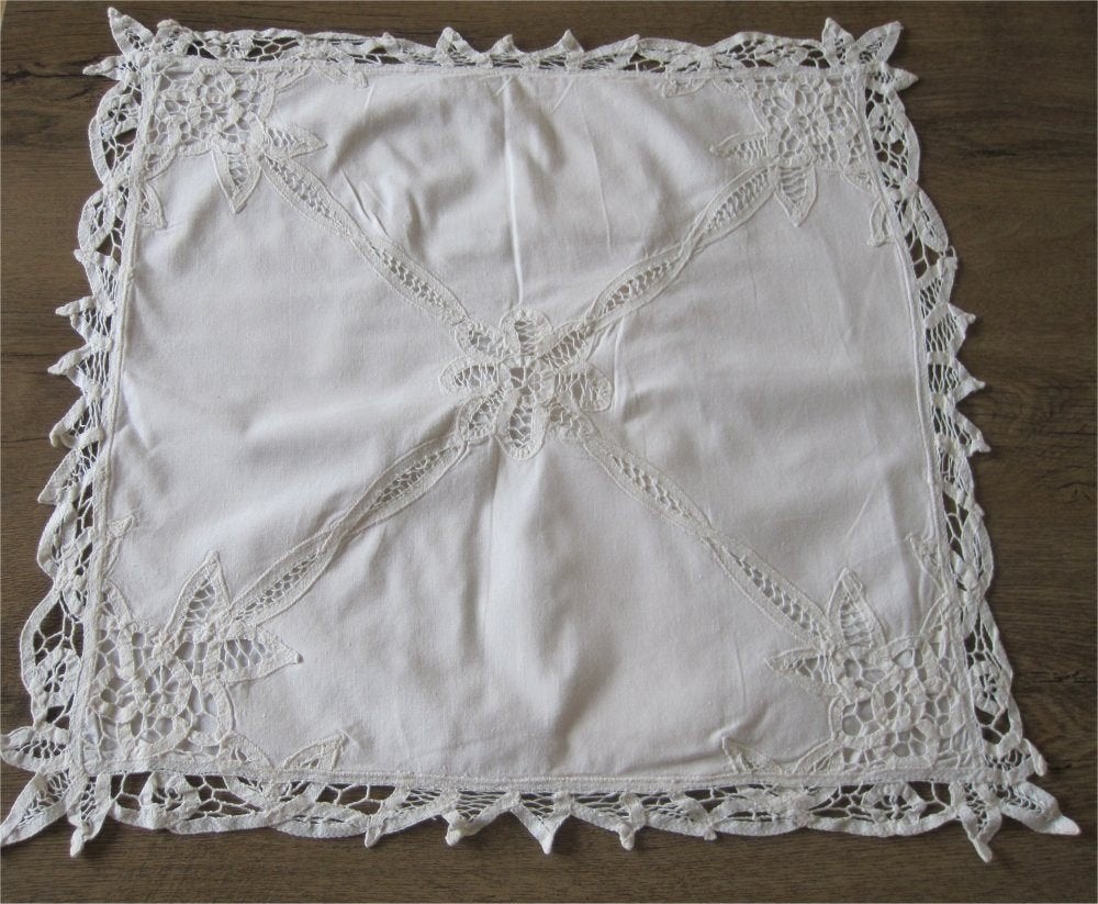 Brocante, witte kussenhoes, opengewerkt lintkant, Ophalen of Verzenden