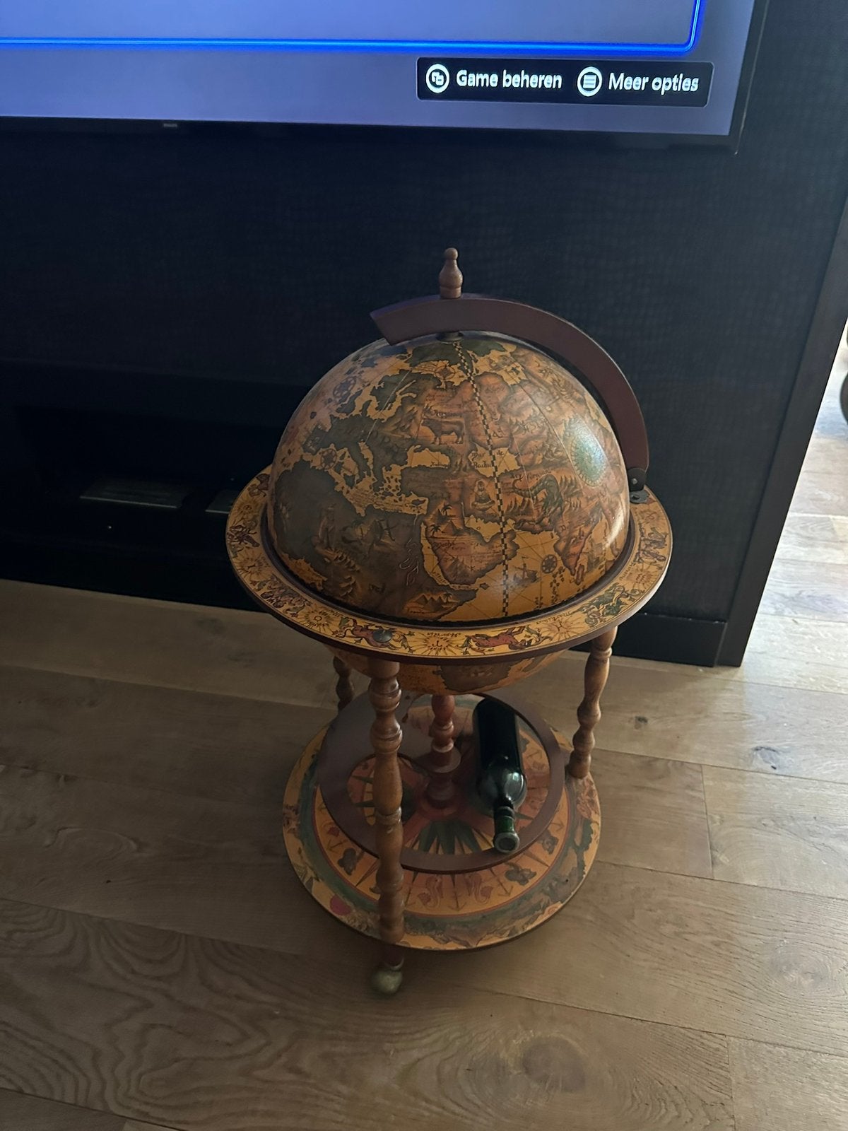 Antieke wereldbol bar met wijnrek, Gebruikt, Ophalen of Verzenden, Bruin, Vintage