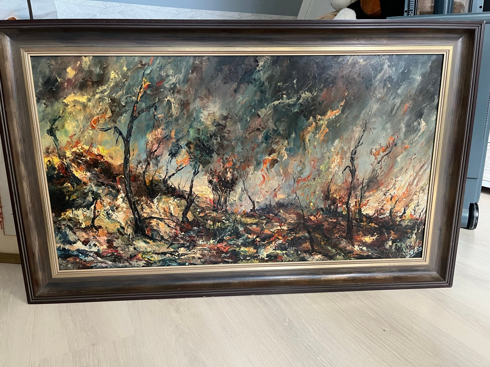 Indrukwekkend Schilderij: Bosbrand door Joseph Stiens, Ophalen, Doek, Expressionistisch, Gesigneerd