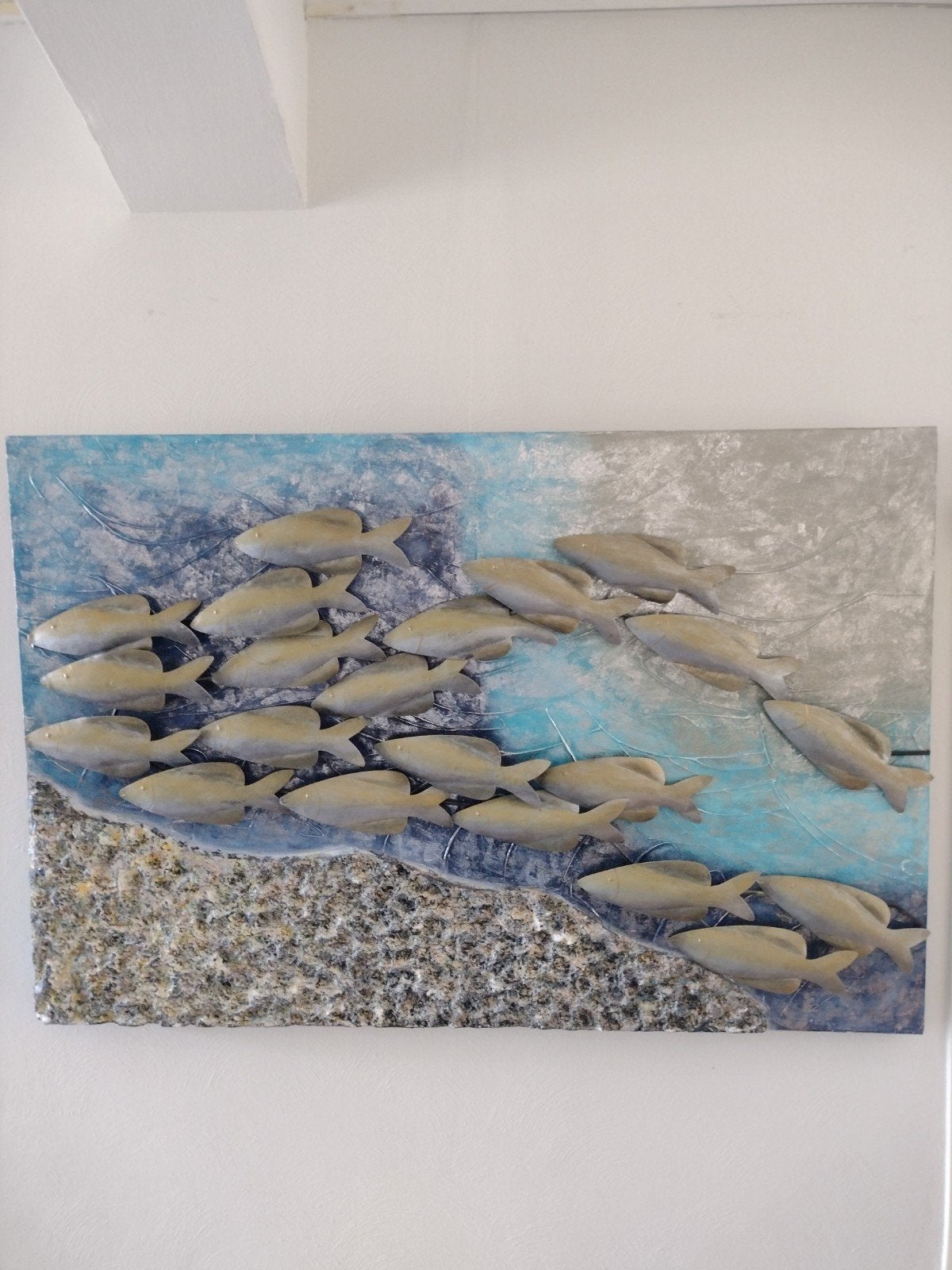 Wanddecoratie vissen school 3D metaal en hout, Ophalen, Wandsculptuur, Gebruikt, 80 cm