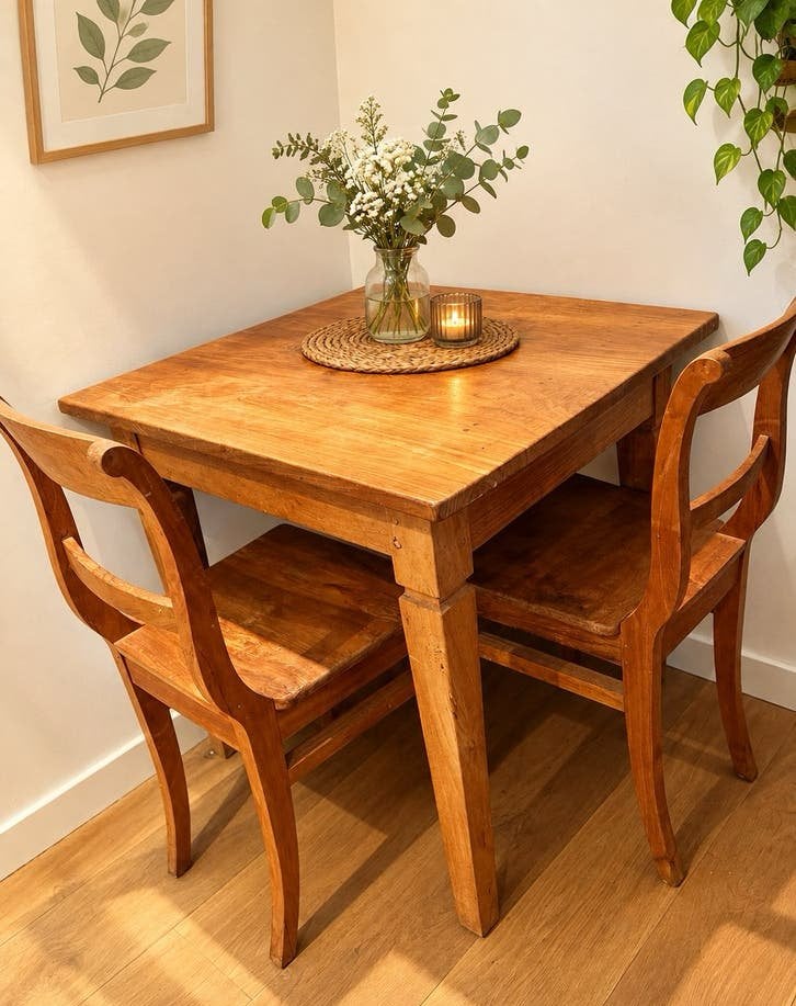 Teakhouten tafel 80x80 met 2 stoelen, Ophalen, Gebruikt, 50 tot 100 cm, 50 tot 100 cm