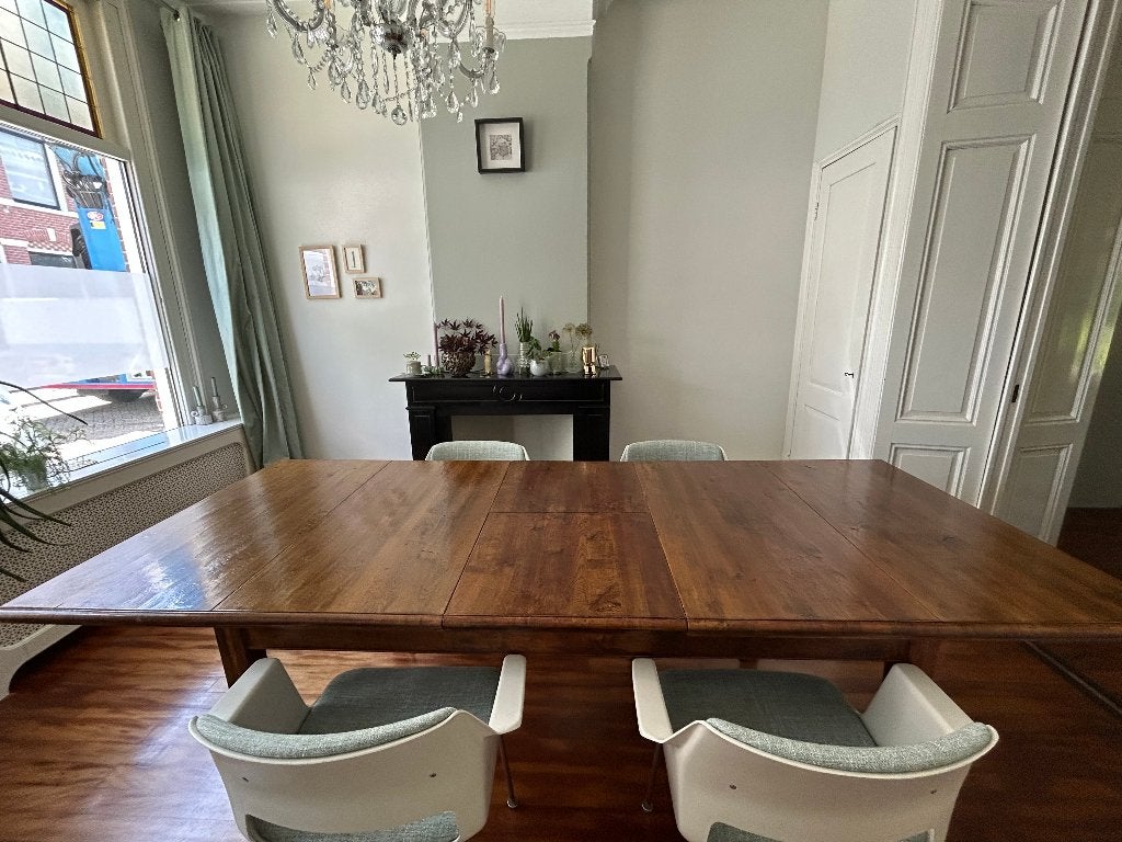 Gave eikenhouten eettafel 200/250x100x78cm uitschuifbaar, Huis en Inrichting, Tafels | Eettafels, Ophalen, Donker eikenhout, 100 tot 150 cm