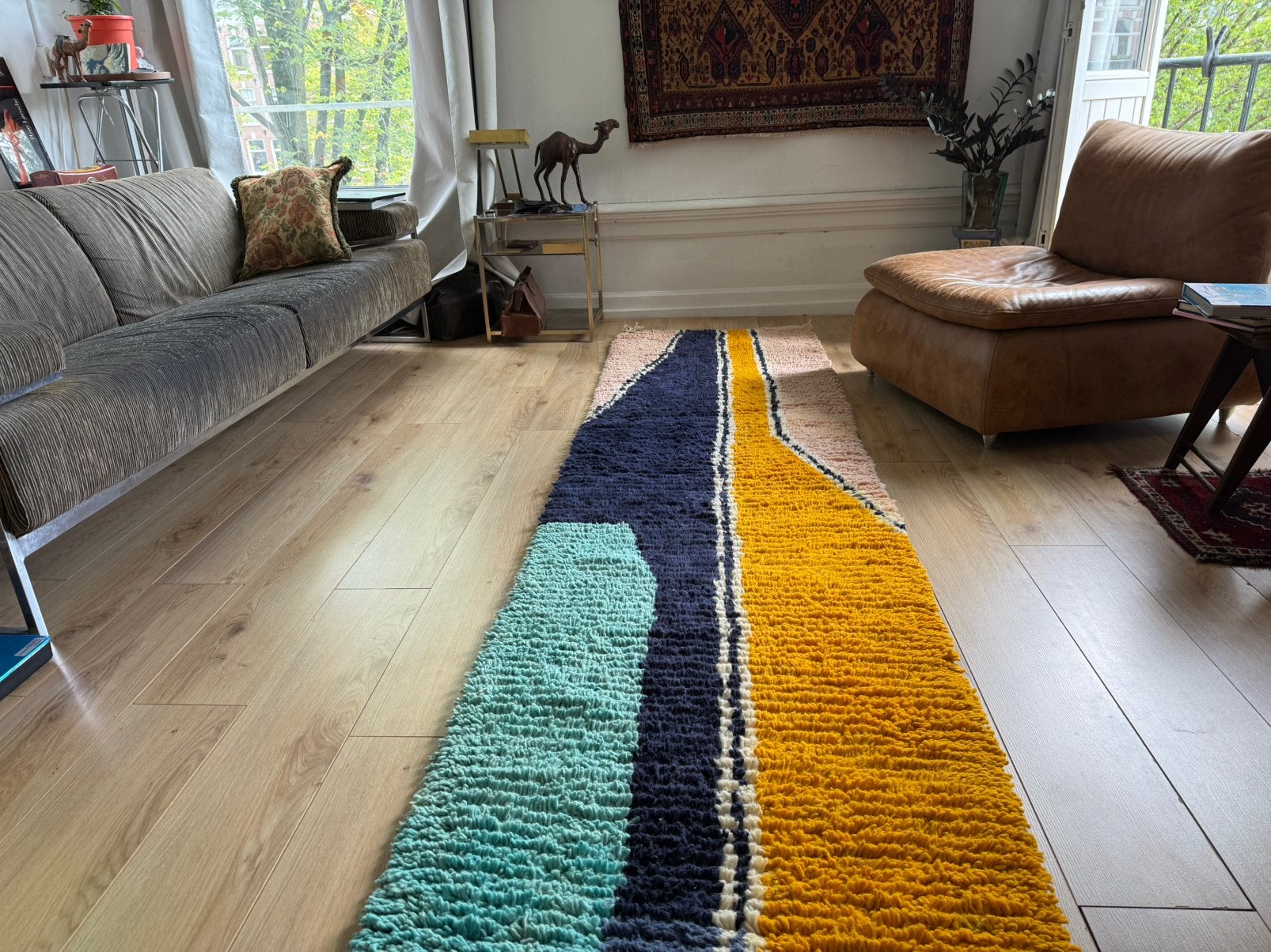 Kleurrijke Marokkaanse loper – handgeknoopt 333 x 80 cm, Blauw, 1053 ML, Amsterdam, Info@bababoho.com, Zo goed als nieuw