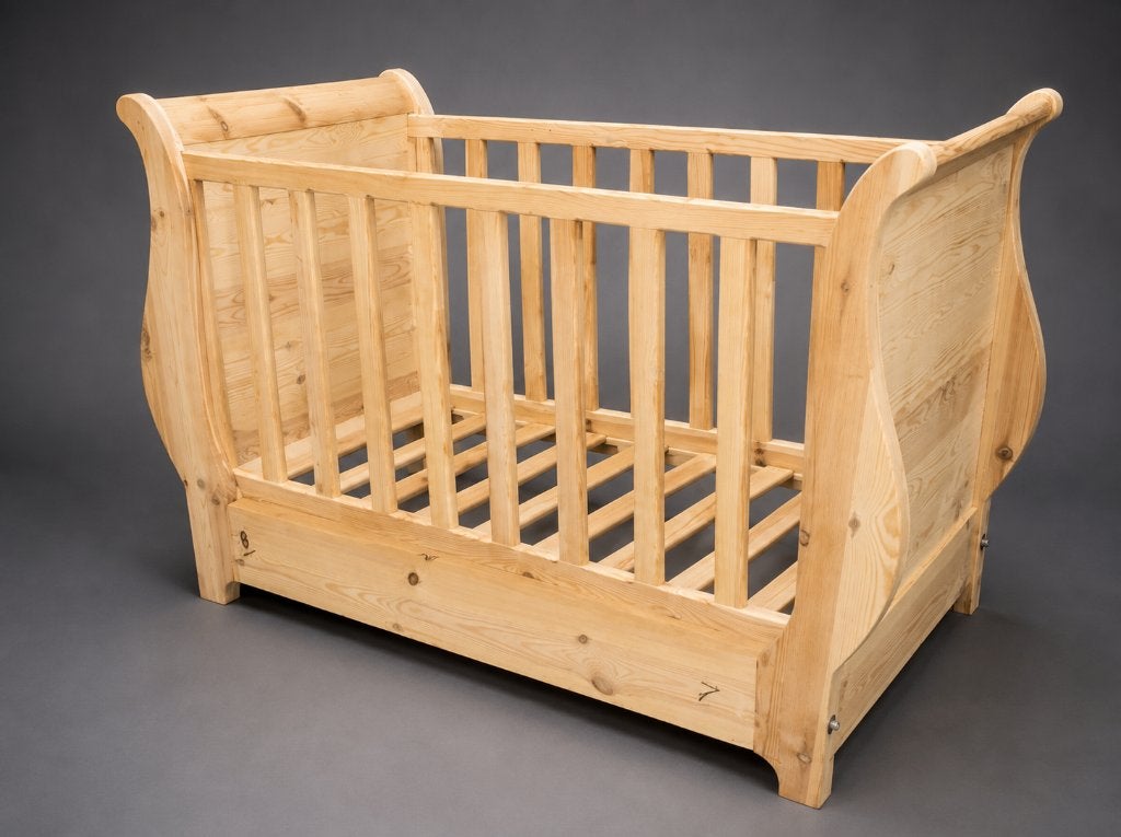Grenen babybedje Barok style, Ophalen, Nieuw, Lattenbodem, Minder dan 140 cm