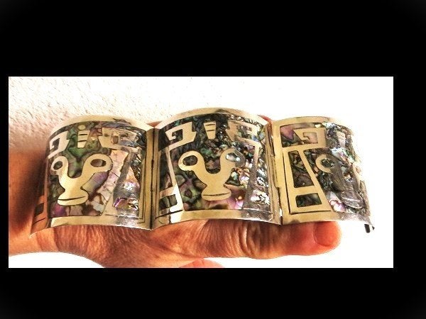 Bijzonder 5 cm Breed Mexicaanse Zilveren Armband/Abalon!, Sieraden, Tassen en Uiterlijk, Antieke sieraden, Verzenden, Zilver, Armband