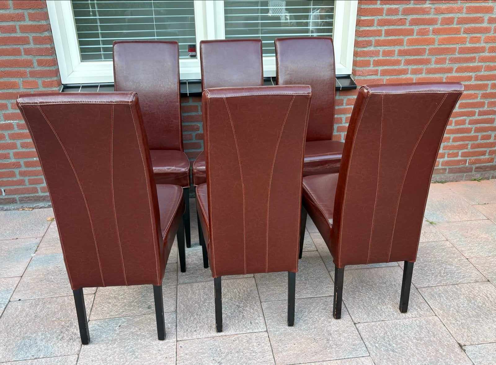 Set van 6 Cognac-leren eetkamerstoelen, Huis en Inrichting, Ophalen, Gebruikt, Bruin, Leer