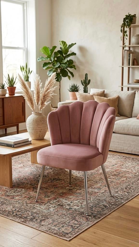 Velvet 'Shell' Fauteuil – Vintage Roze schelp €50,-p.s, Huis en Inrichting, Stoelen, Nieuw, Vijf, Zes of meer stoelen, Stof, Overige kleuren