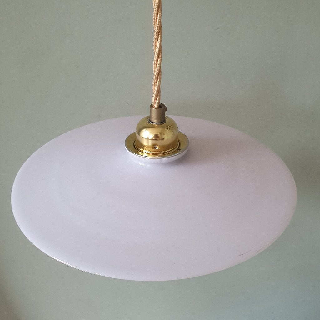 Vintage Franse atelier-lamp met Lila-kleurige zweem., Huis en Inrichting, Gebruikt, Antiek, Art Deco, Vintage, franse lamp, Glas