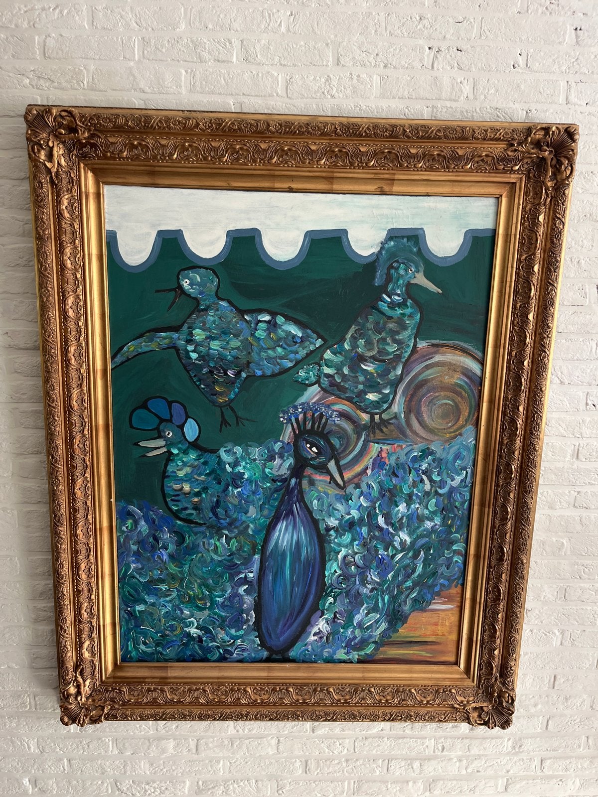 Prachtig Schilderij 2005 - Dieren in Goudkleurige Lijst, Ophalen, Olieverf, Overige materialen, Dieren