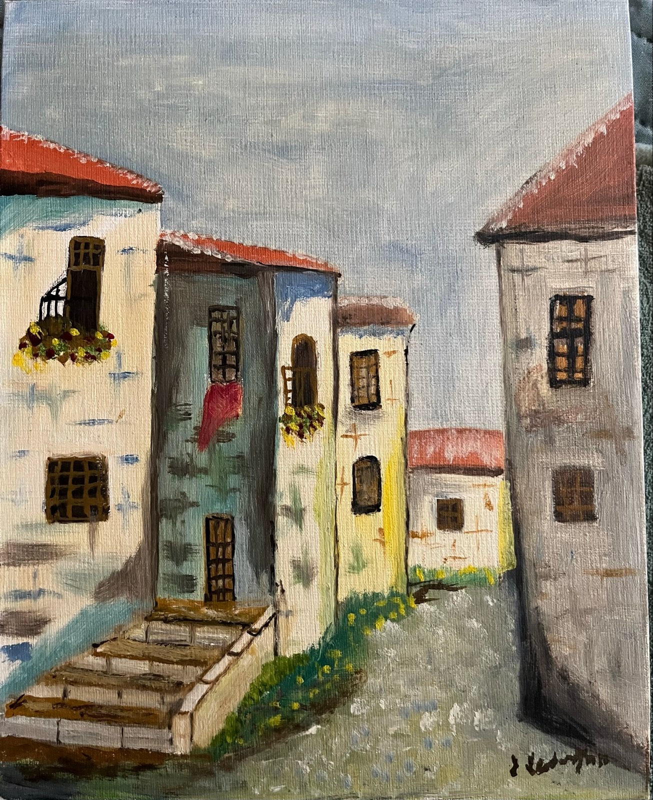 Schilderij: pittoresk dorpsgezicht in mediterrane stijl, Doek, Realistisch, Ophalen of Verzenden, Gesigneerd