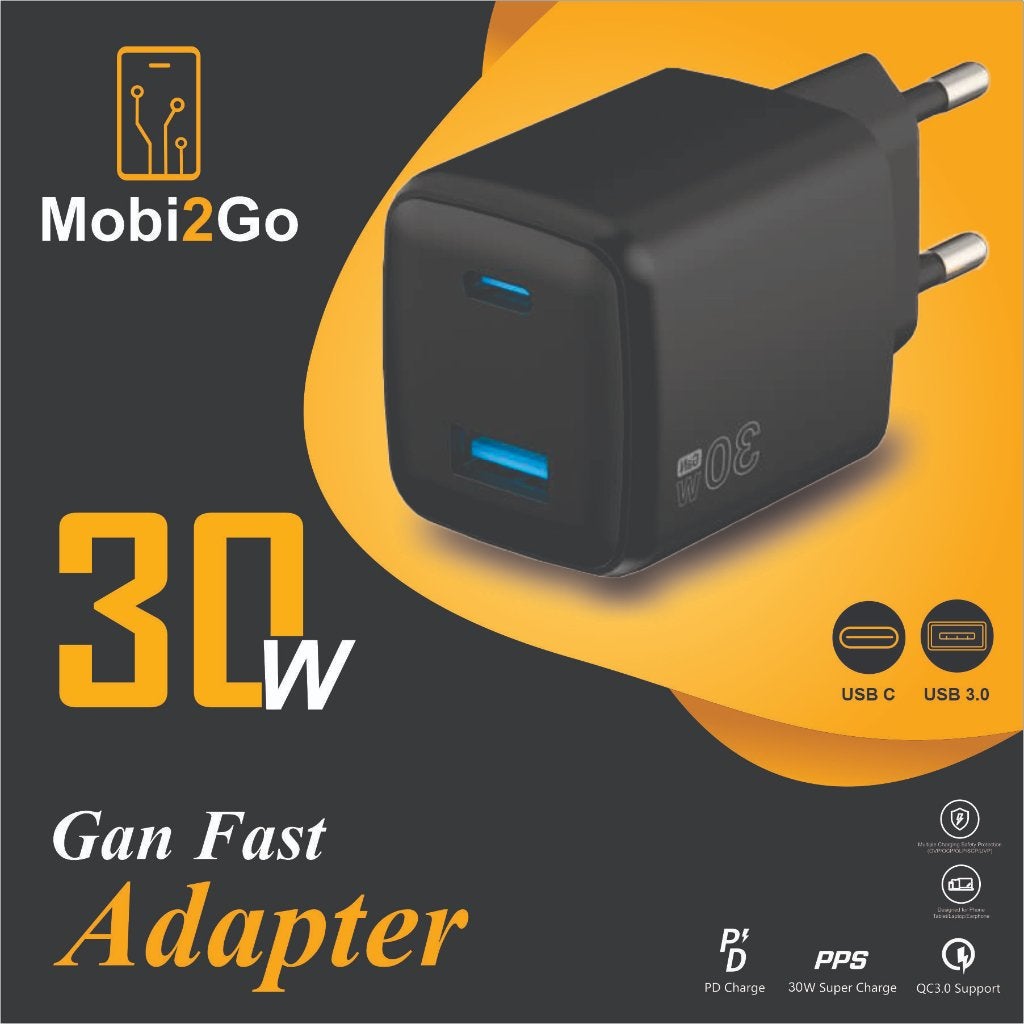 Mobi2Go 30W Gan Fast Adapter USB-C & USB 3.0 Snellader, Telecommunicatie, 2871he, Mobi2Go, Nieuw, Ophalen of Verzenden