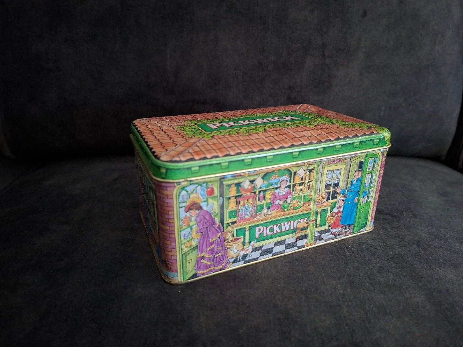 Vintage Douwe Egberts Pickwick theeblik "The Pickwick House", Ophalen of Verzenden, Zo goed als nieuw, Thee, Douwe Egberts