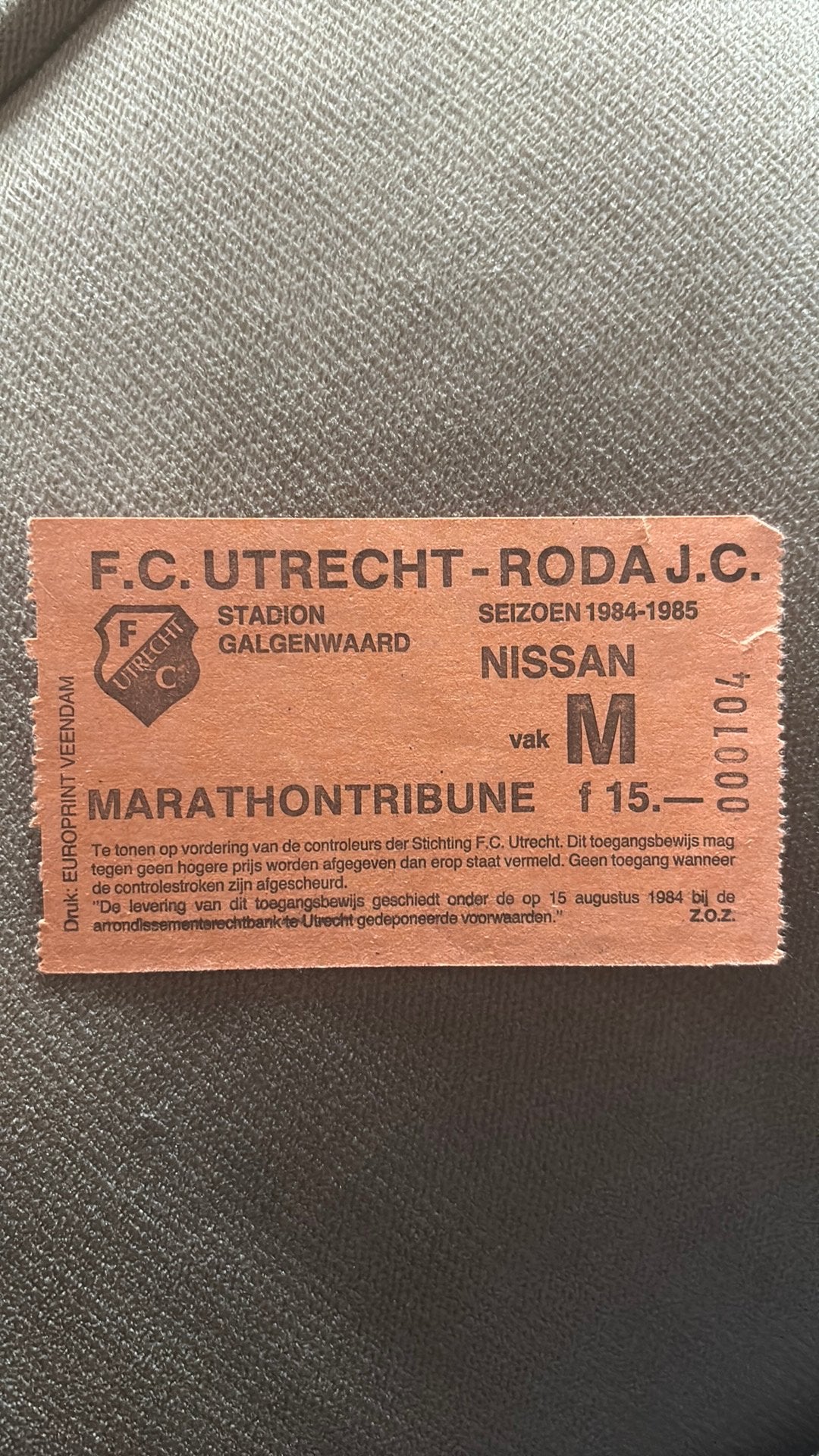 Oud stadionticket utrecht roda jc 1984-1985, Verzamelen, Sportartikelen en Voetbal, Ophalen of Verzenden, Roda JC, Overige typen