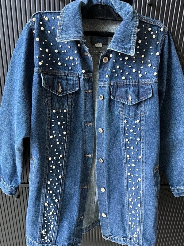 Jeansjack met pareltjes, Maat 42/44 (L), Zo goed als nieuw, Driekwart, Verzenden
