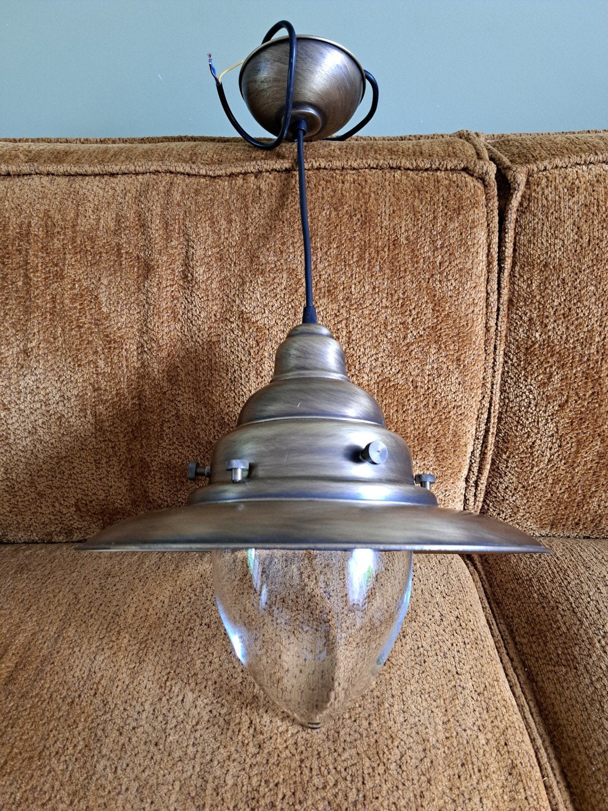 Schippers/scheeps hanglamp - Brons en glas, Ophalen, E27 (groot), Zo goed als nieuw, Glas